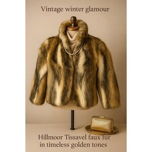 Vintage Hillmoor Tissavel Faux Fur Coat Size 8 Brown Tan Ivory Long Pile Jacket